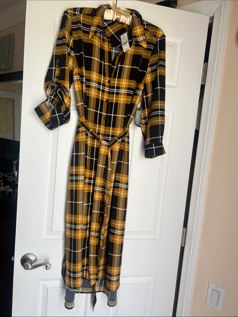 New York & Company Mustard, Black and White Plaid Button-Up Maxi Dress